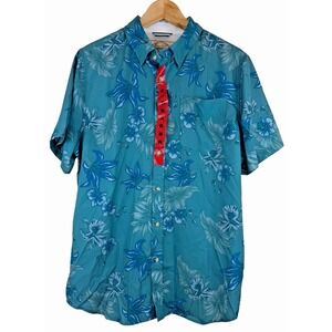Seapointe Mens Island Classics Hawaiian Button Up Short Sleeve Shirt Teal Sz M